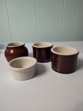Vintage Hall China Brown and Cream Ceramic Crock, Bean Pot And Ramekin Set